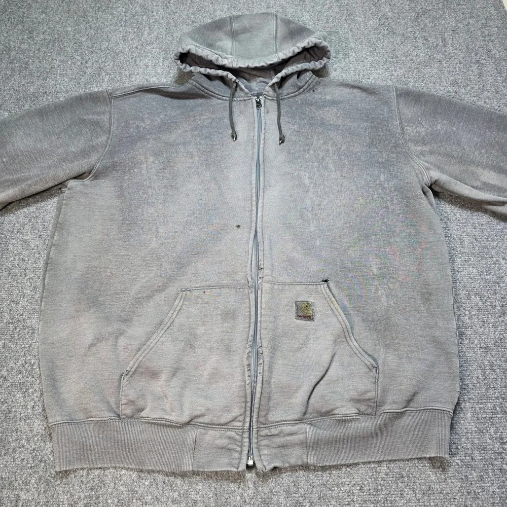 Vintage Carhartt Zip Up Hoodie Grey XL Tall‎ Distressed Sun Faded Workwear Mens